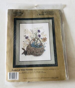 Counted Cross Stitch Kit Basket Of Wild Flowers Cottage Prairie Art Vintage 1990